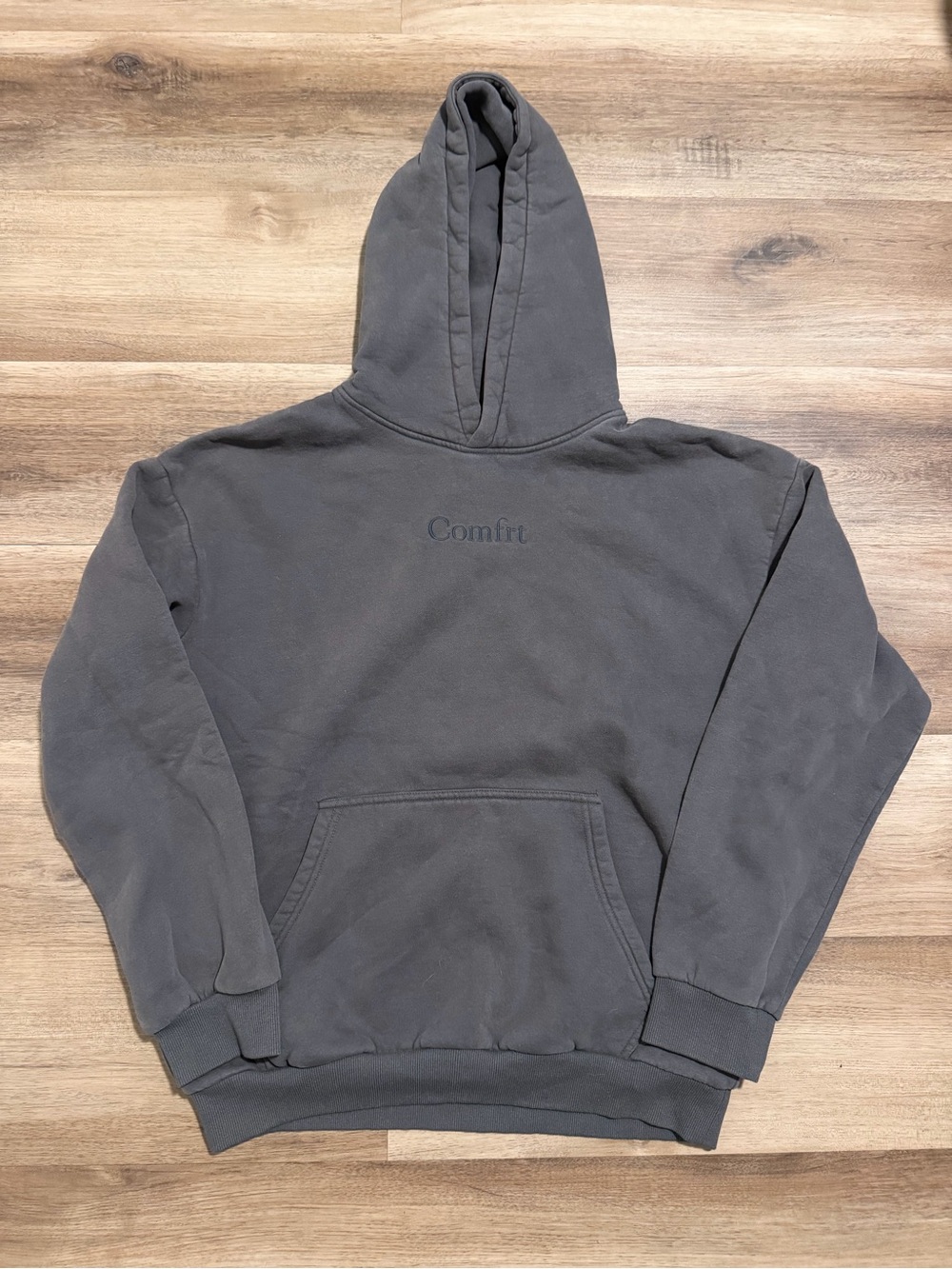 Comfrt Hoodie Large Gray Pullover Fleece Sweatshirt Logo Oversized Casual Travel